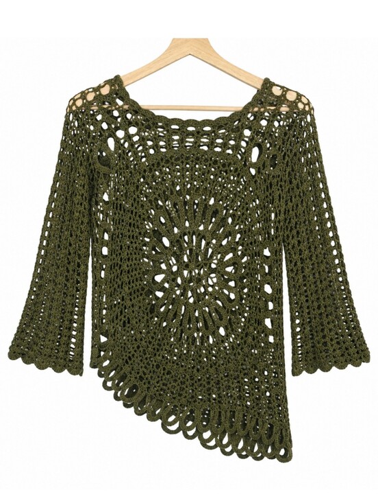 afterlife boutique Sweaters - Vintage 90s Olive Crochet Asymmetrical Knit Top Bell Sleeve Boho Coastal Medium